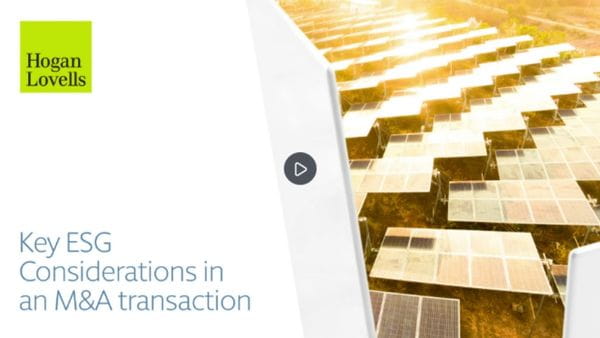 Clickable video player image showing solar panels and text: "Key ESG Considerations in an M&A transaction"