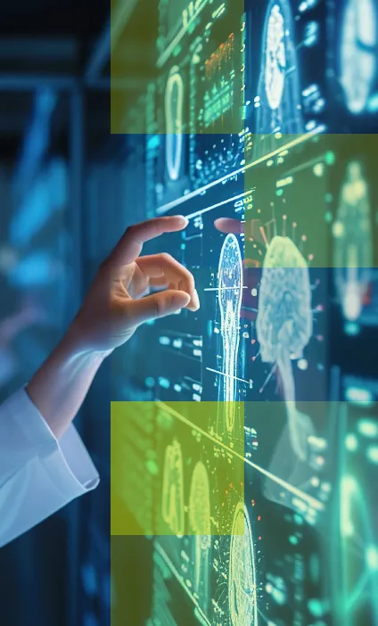 Scientist using digital touchscreen to analyze brain scans with AI technology, reflecting Hogan Lovells’ role in the Global AI Healthcare Coalition.