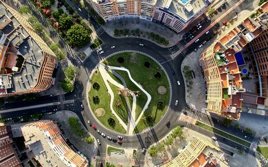 An aerial view of a European urban roundabout 