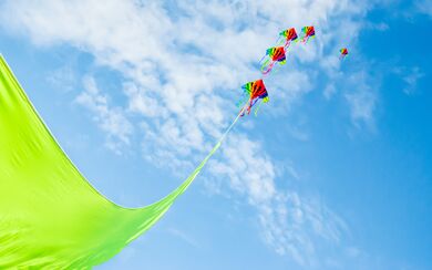 A lime green kite flying on a sunny day