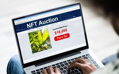 An over-the-shoulder view of someone accessing and NFT auction on their laptop