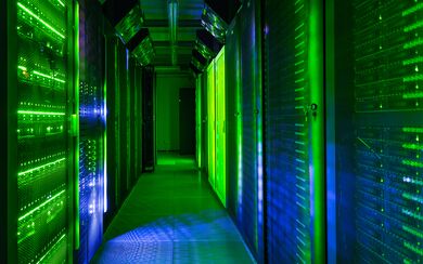 A data control center with green lighting