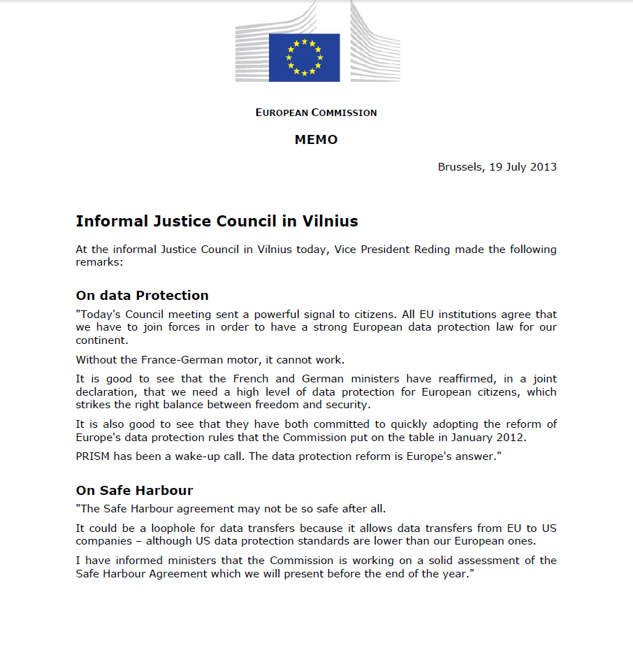 EU VP Reding Uses PRISM as Lever to Push Enactment of Regulation and Questions EU US Safe Harbor
